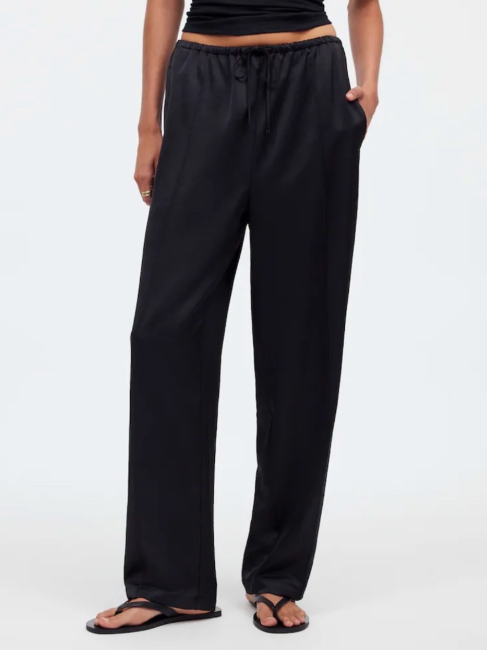 NWT Madewell Pintucked Slim Pull-On Drawstring Pants in Satin, Black, Size M